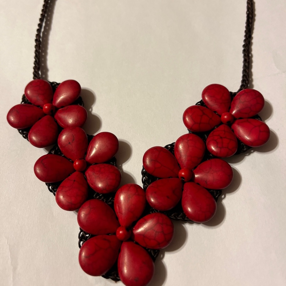 Vintage hand made crochet brown necklace with red stone flowers.